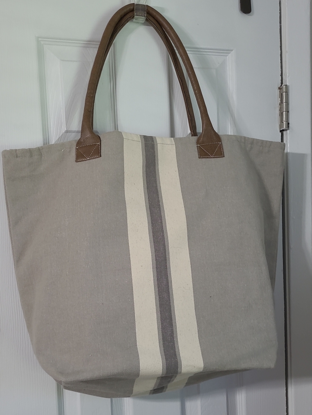 Beige Canvas Tote Bag with Stripes and Brown Handles
